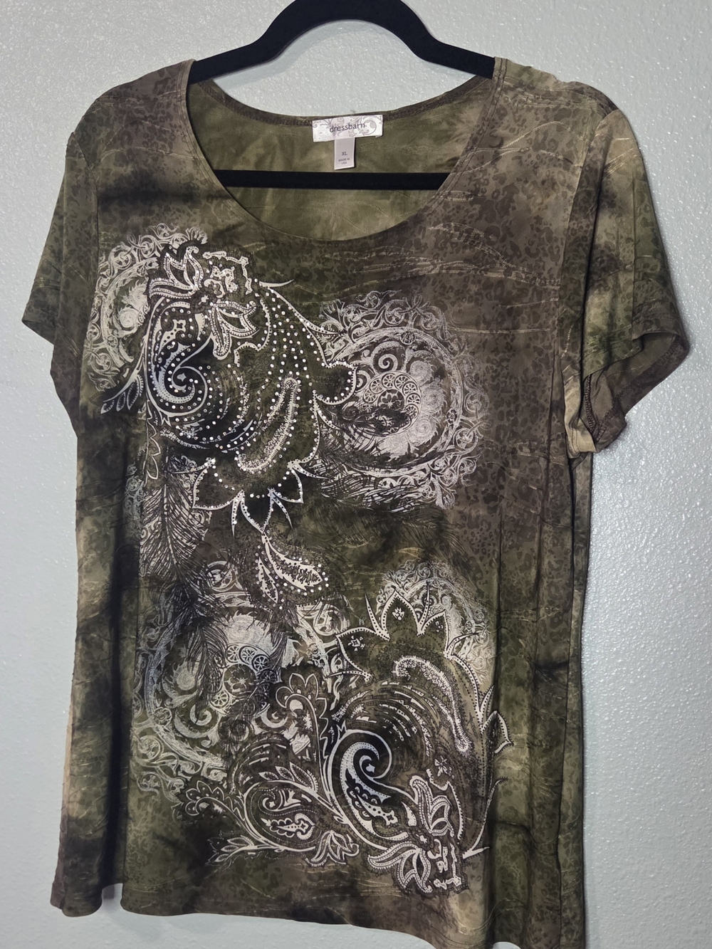 Dress Barn Olive Green/Coco Paisley Short Sleeve Tee with Rhinestones - Picture 3 of 9